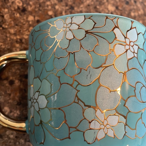 Set of 2 Thyme & And Table Teal & Gold Succulent Stoneware Mugs Coffee Cups - Picture 7 of 8